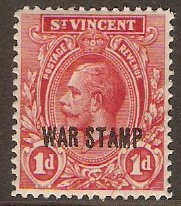 St. Vincent 1916 1d Carmine-red - "WAR STAMP". SG126.